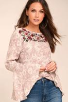 Lulus | Love's Delight Mauve Print Embroidered Long Sleeve Top | Size Large | Purple | 100% Rayon
