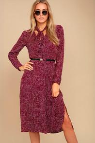 Lulus Save A Spot Burgundy Polka Dot Long Sleeve Midi Dress