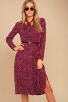 Lulus Save A Spot Burgundy Polka Dot Long Sleeve Midi Dress