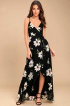 Lulus All Mine Black Floral Print High-low Wrap Dress