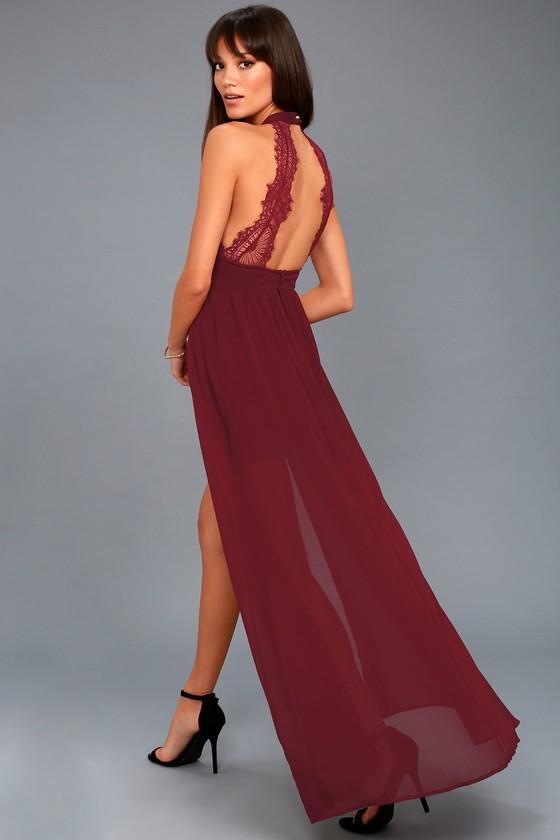 Lulus | My Beloved Burgundy Lace Maxi Dress | Size Large | Red | 100% Polyester