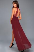 Lulus | My Beloved Burgundy Lace Maxi Dress | Size Large | Red | 100% Polyester