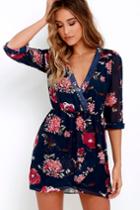 Lulus | Pretty Pretender Navy Floral Print Dress | Size Large | Blue | 100% Polyester