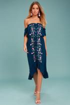 Rahi Cali | Vineyard Escape Navy Blue Off-the-shoulder Dress | Size Large | 100% Cotton | Lulus