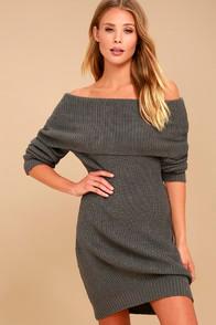 Sage The Label Remy Charcoal Grey Off-the-shoulder Sweater Dress