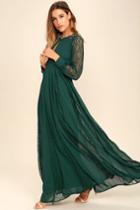 Lulus | Field Of Dreams Forest Green Lace Maxi Dress | Size X-small | 100% Polyester