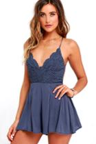 Lulus | Star Spangled Indigo Backless Lace Romper | Size X-large | Blue | 100% Rayon