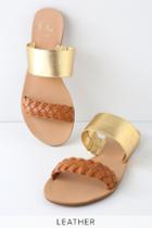 Caylee Cognac And Gold Nappa Leather Slide Sandal Heels | Lulus