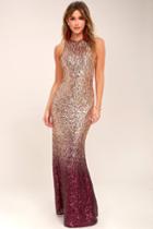 Lulus | Infinite Dreams Burgundy And Rose Gold Ombre Sequin Maxi Dress | Size Small | 100% Polyester