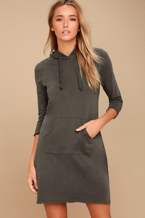 Others Follow | Cool Waters Charcoal Grey Hoodie Dress | Size Large | Lulus