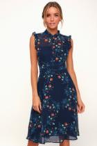 Porch Swing Navy Blue Floral Print Midi Dress | Lulus