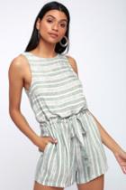 Minkpink Pure Shores Green And Grey Striped Romper | Lulus