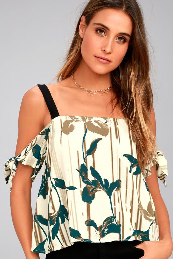 Lush | Breathe Cream Floral Print Off-the-shoulder Top | Size Medium | Beige | 100% Rayon | Lulus