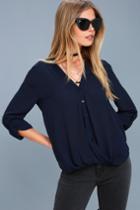 Lulus | Rush Hour Navy Blue Button-up Top | Size Large | 100% Polyester