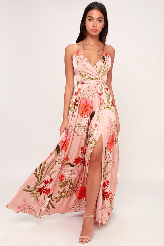 Still The One Blush Pink Floral Print Satin Maxi Dress | Lulus