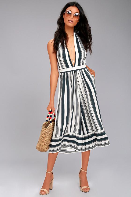 Faithfull The Brand Faithfull The Brand Felix Navy Blue Striped Midi Jumpsuit | Size 6 | 100% Rayon | Lulus