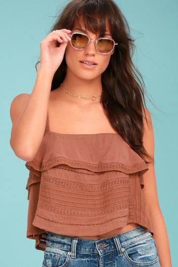 Amuse Society | Hayes Brown Lace Crop Top | Size Medium | Lulus