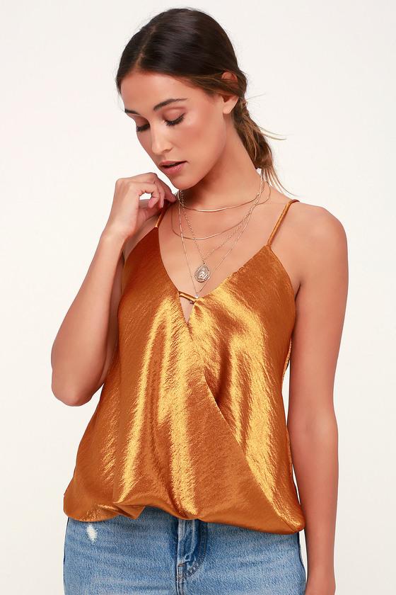 Swinging Party Dark Gold Satin Surplice Top | Lulus