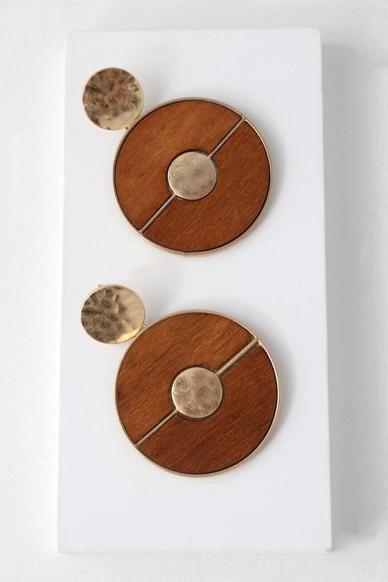 Retro Appeal Gold And Wood Statement Earrings | Lulus