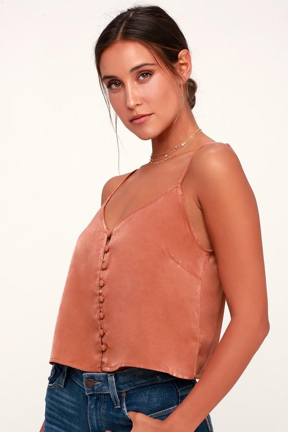 Elaine Rust Orange Satin Button-up Cropped Tank Top | Lulus