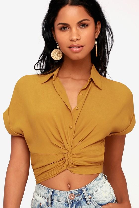 Cali Coastline Mustard Yellow Button-up Knotted Crop Top | Lulus
