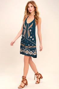 O'neill Ellison Teal Blue Embroidered Halter Dress