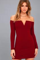 Lulus | Over The Swoon Wine Red Off-the-shoulder Bodycon Dress | Size Large | 100% Polyester