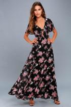Lulus | Wings Of Love Black Floral Print Maxi Dress | Size Medium | 100% Polyester