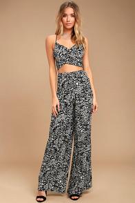 Lulus Besame Rapido Black And White Floral Print Wide-leg Pants