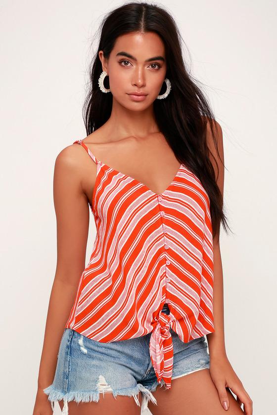 Oceanna Coral Red And White Striped Button-up Tie-front Tank Top | Lulus
