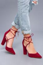 Lulus | Luna Wine Suede Lace-up Heels | Size 10 | Red | Vegan Friendly