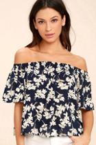 Lulus Think Of Me Frondly Navy Blue Floral Print Off-the-shoulder Top