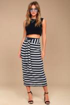 Moon River | Day In The Hamptons Navy Blue Striped Maxi Skirt | Size Large | 100% Polyester | Lulus