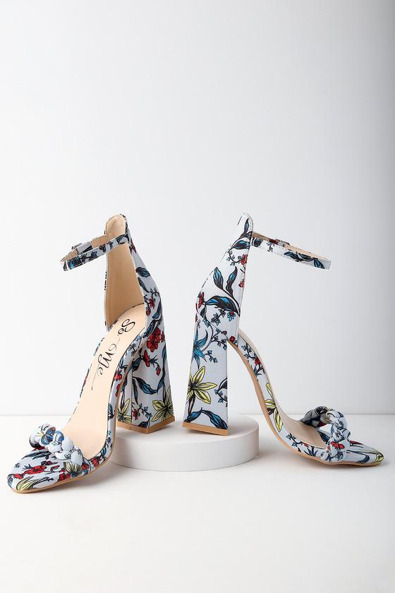 Machi Sonja Blue Multi Satin Ankle Strap Heels | Lulus