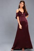 Ali & Jay Ride The Pony Plum Purple Satin Off-the-shoulder Maxi Dress