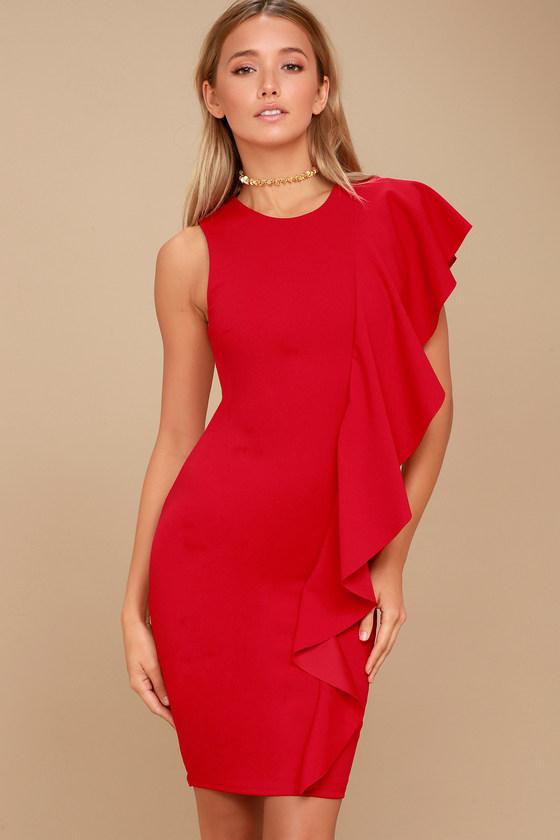 Lulus | Tender-hearted Red One Shoulder Bodycon Midi Dress | Size Large | 100% Polyester