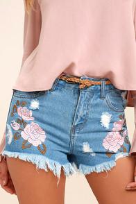 On Twelfth Posy Parade Light Wash Embroidered Distressed Denim Shorts