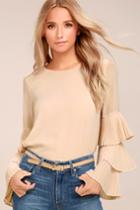 Lulus | One For The Ages Beige Long Sleeve Top | Size Large | 100% Polyester