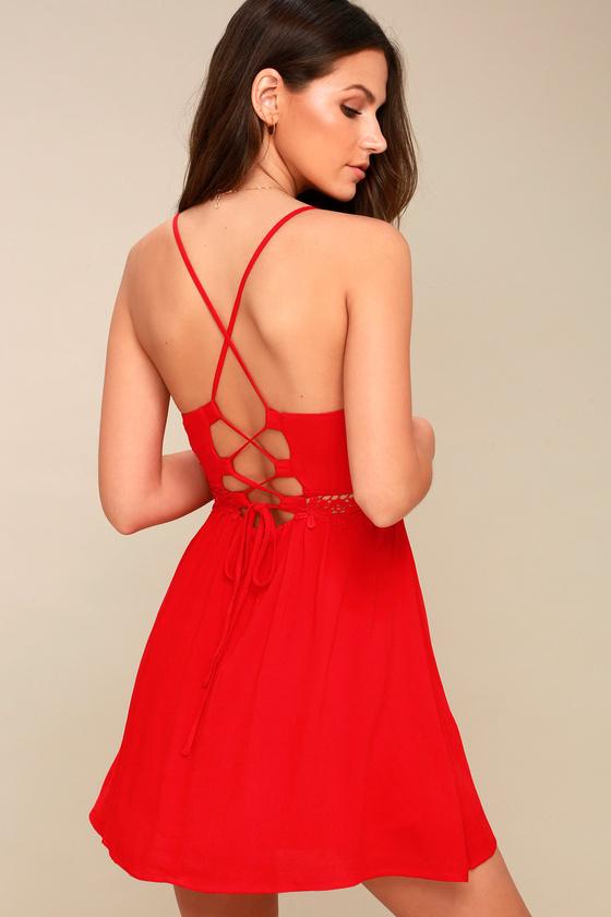 Walk Of Fame Red Lace-up Skater Dress | Lulus