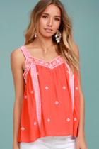 Moon River Day Trip Coral Orange Embroidered Sleeveless Top