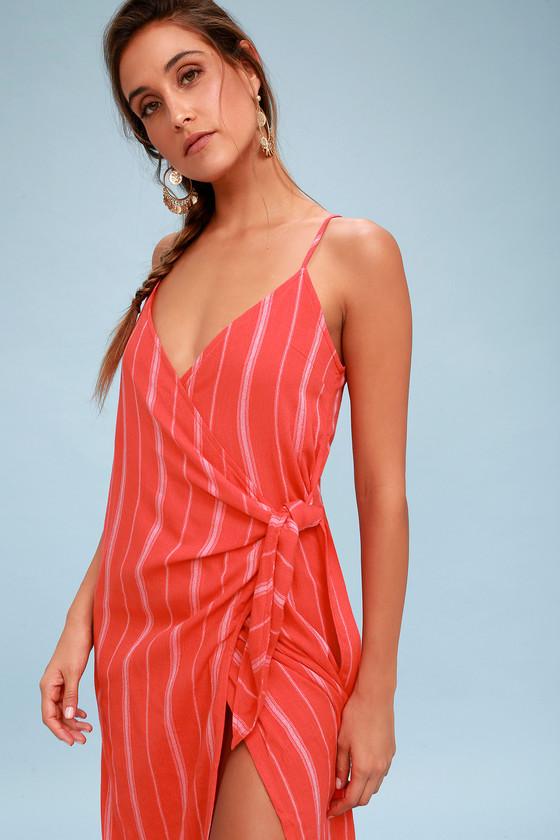 Amuse Society Bordeaux Blooms Red Striped Wrap Midi Dress | Lulus