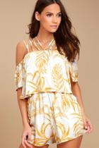Minkpink Paradise White And Yellow Print Off-the-shoulder Romper