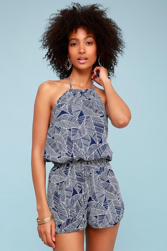 Tropical Retreat Blue And White Leaf Print Halter Romper | Lulus