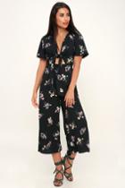 Lush Quinna Black Floral Print Tie-front Wide-leg Jumpsuit | Lulus