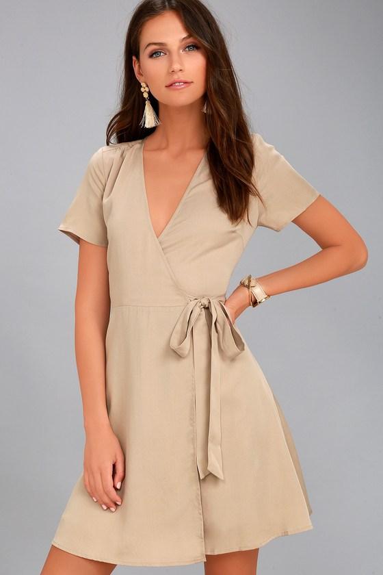 Moon River | Gwendalen Beige Wrap Dress | Size Large | Lulus