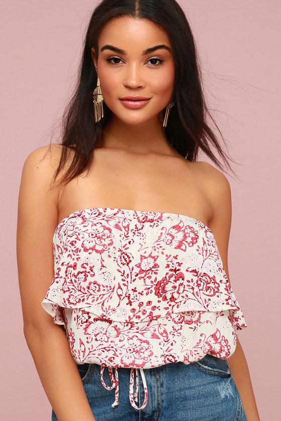 Honey Punch Ukulele Solo Burgundy Floral Print Strapless Crop Top | Lulus