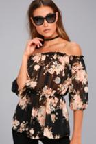 Rokoko | Floral It's Worth Black Floral Print Off-the-shoulder Top | Size X-small | 100% Polyester | Lulus