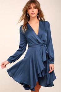Lost + Wander Elsa Blue Long Sleeve Wrap Dress