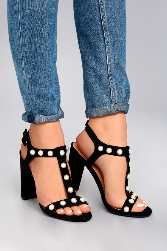 Wild Diva | Zelina Black Pearl Suede High Heel Sandal Heels | Size 5.5 | Vegan Friendly | Lulus