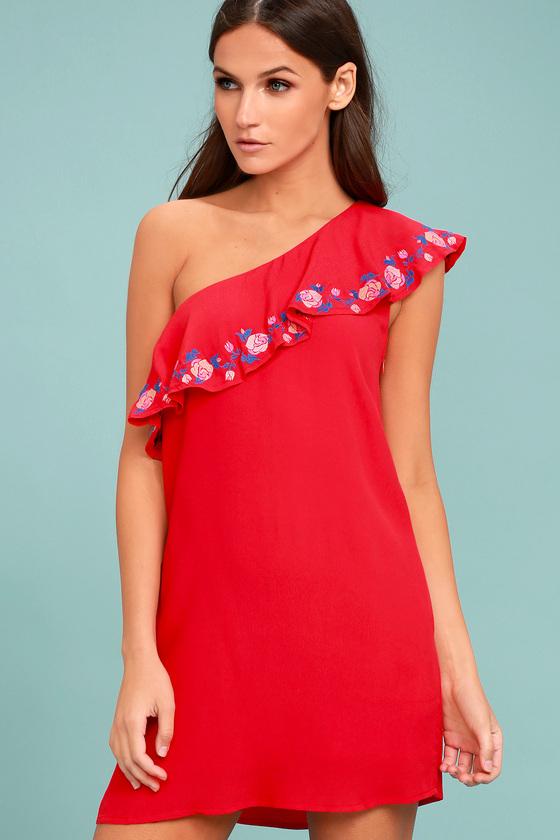 Lulus | Alpinia Coral Red Embroidered One-shoulder Dress | Size Large | 100% Rayon